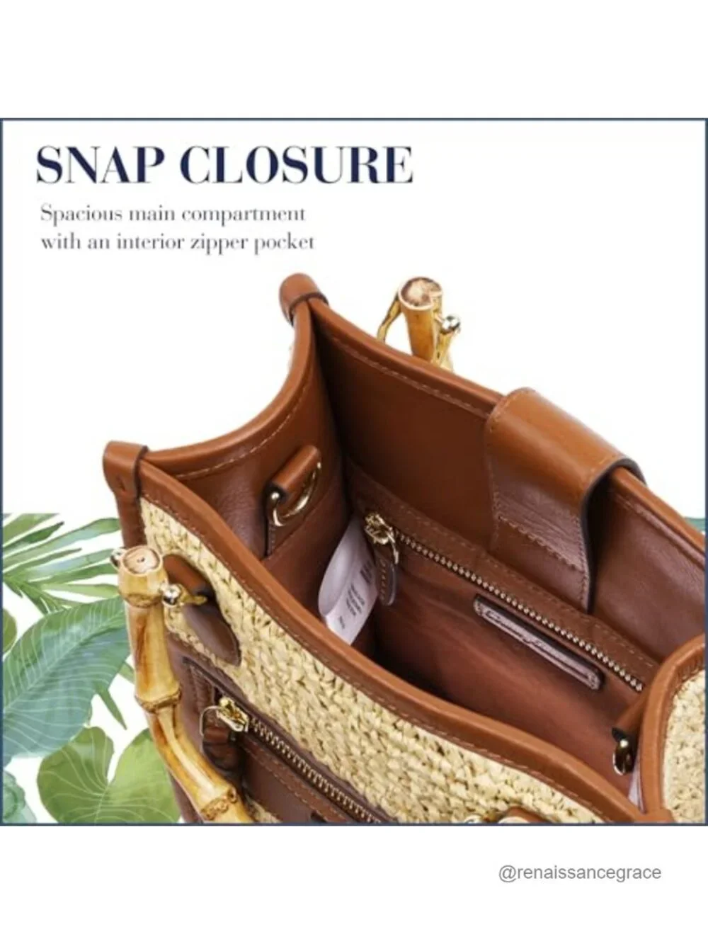 Raffia Tote Bag with Bamboo Handle, Leather Trim, Crossbody Strap